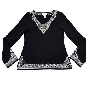 Talbots Vintage Y2K Black Embroidered Sequin Italian Yarn Long Sleeve Top Size S